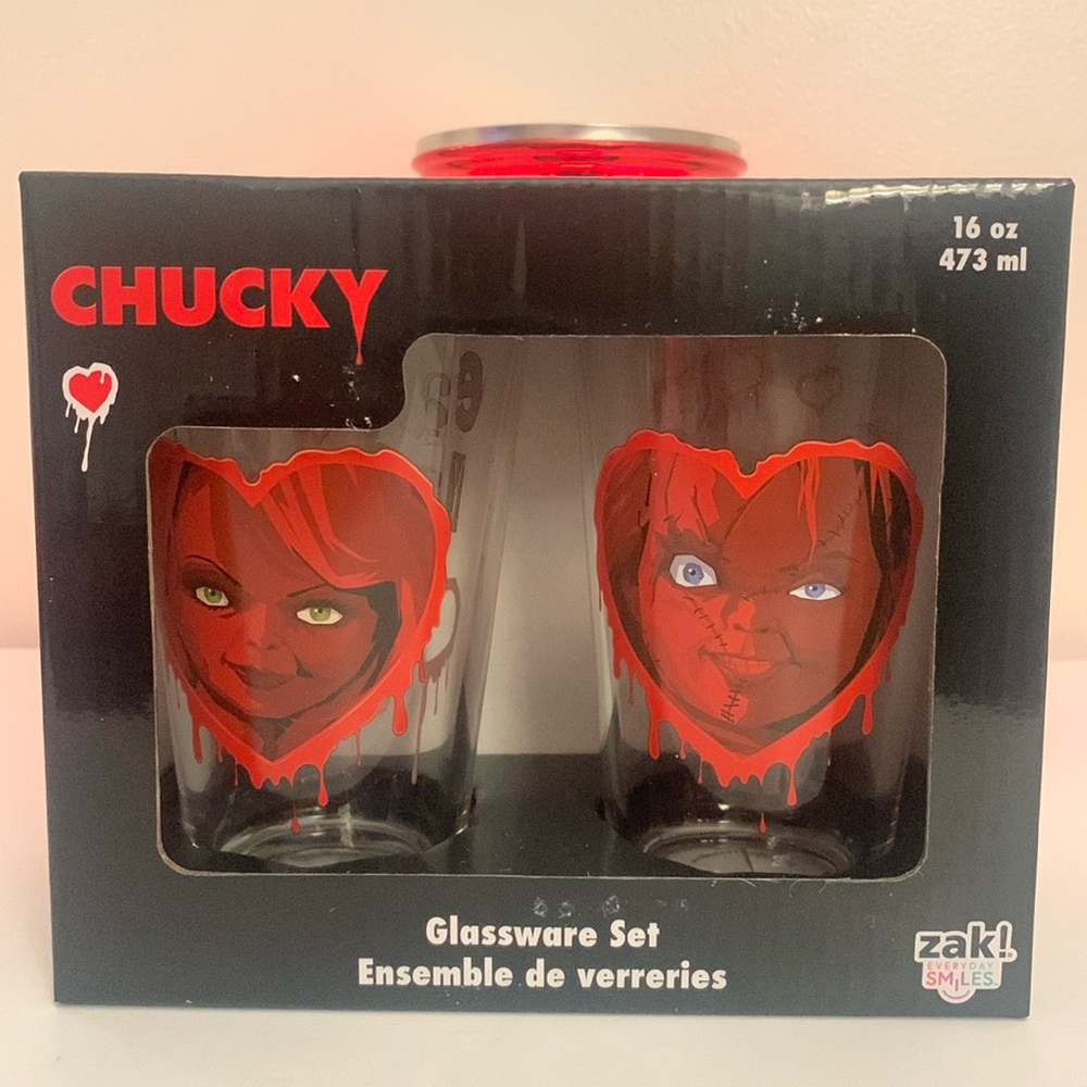 Valentine's Day Chucky Glassware Set. 16 oz / 473 ml. New.